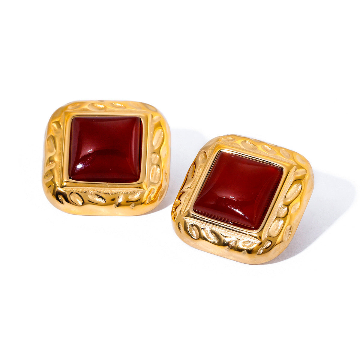 Orecchini a perno da donna geometrici in acciaio inossidabile con intarsio in agata rossa, finitura placcata, stile minimalista e alla moda