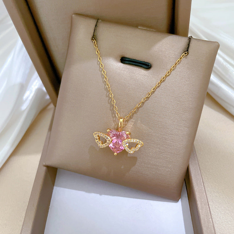 Elegant Hollow Heart Wing Pendant Necklace for Women Stainless Steel Delicate Clavicle Chain with Rhinestone Accents