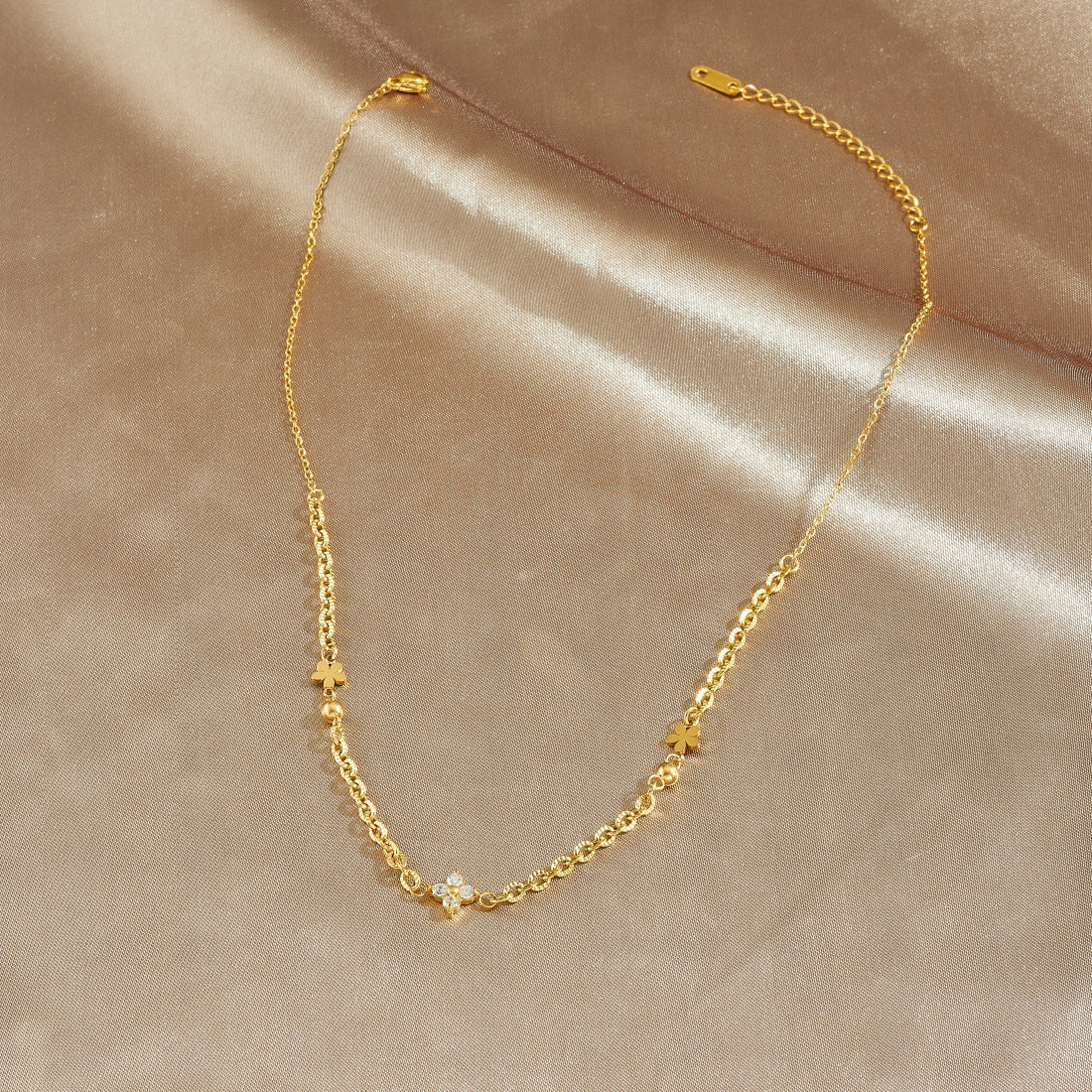 Gold Plated Stainless Steel Floral Rhinestone Pendant Necklace for Women
