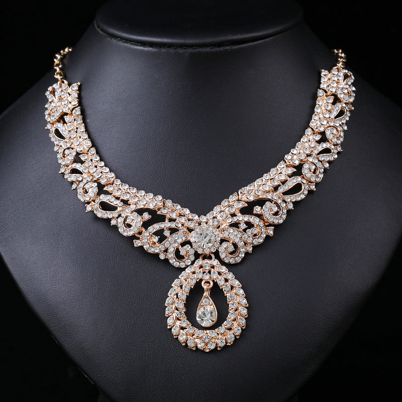 Exaggerated Vintage Alloy Necklace Set for Women with Plated Finish, Crystal Accents, and Clavicle Chain — Three-Piece Jewelry Set Including Earrings and Pendant