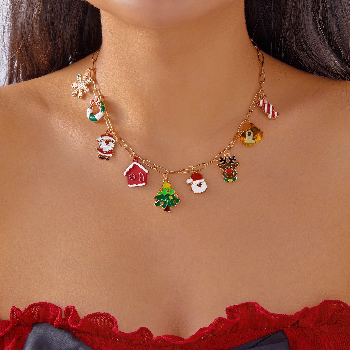 Conjunto de collar y pulsera con colgantes chapados en aleación geométrica con dijes de Papá Noel, copo de nieve y reno