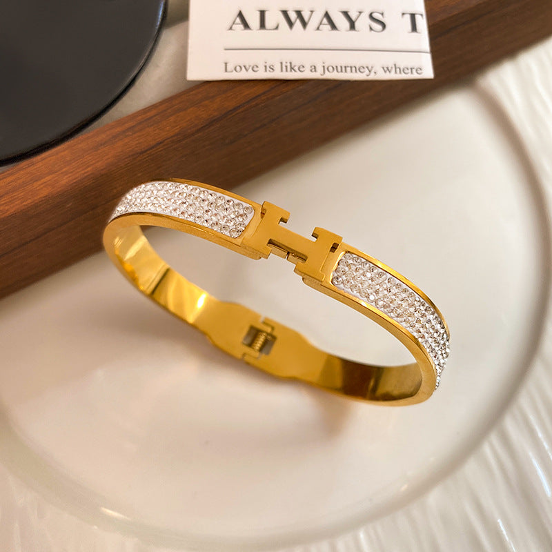 Paved Rhinestone Letter Open Cuff Titanium Steel Bracelet for Women