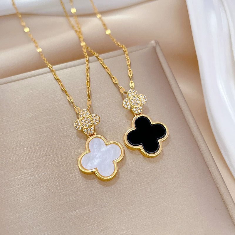 Minimalist Geometric Seashell and Four-Leaf Clover Pendant Necklace in Titanium Steel with Stainless Steel Chain for Women and Men