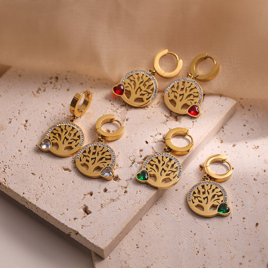 Orecchini minimalisti geometrici in acciaio al titanio placcati oro 18 carati con albero della vita in zircone per donna