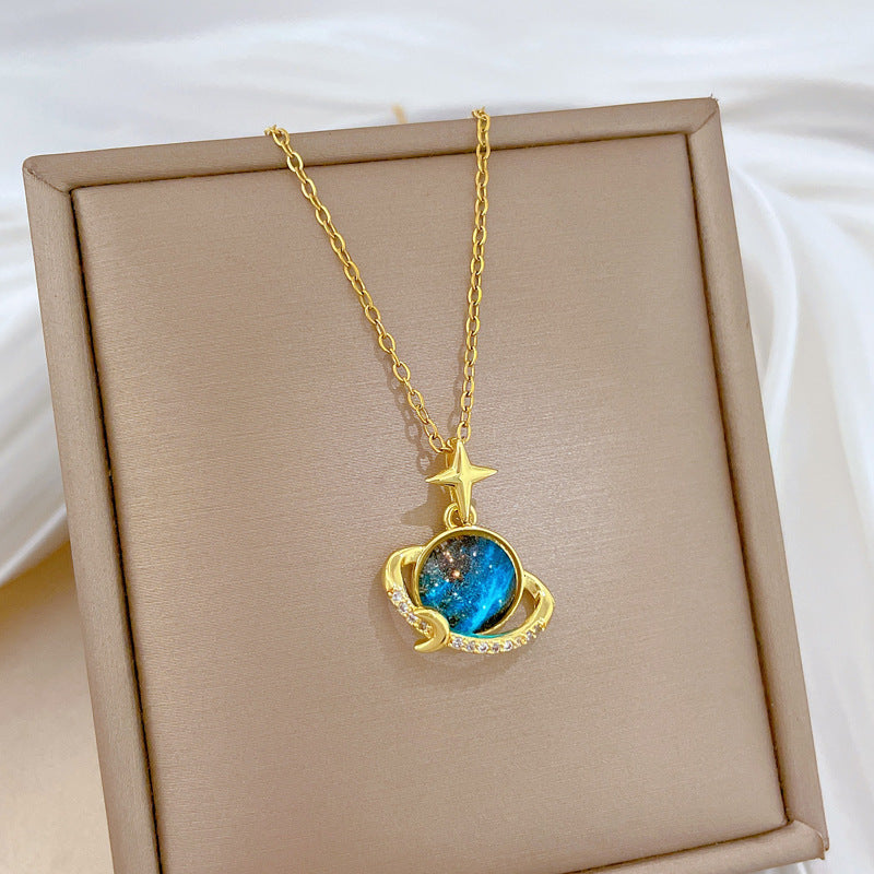 Collana girocollo con pendente minimalista luna e stella, da donna, in acciaio inossidabile, catenina sottile con design geometrico