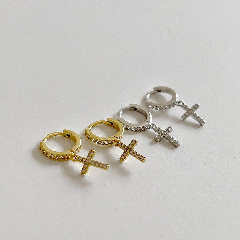 Dulces aretes de aro minimalistas con cruz de plata de ley 925 chapados en diamantes de imitación para mujer