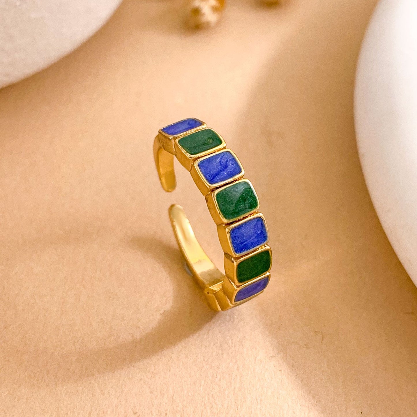 Minimalist Sweet Square Geometric Enamel Gold Plated Brass Ring for Women Adjustable