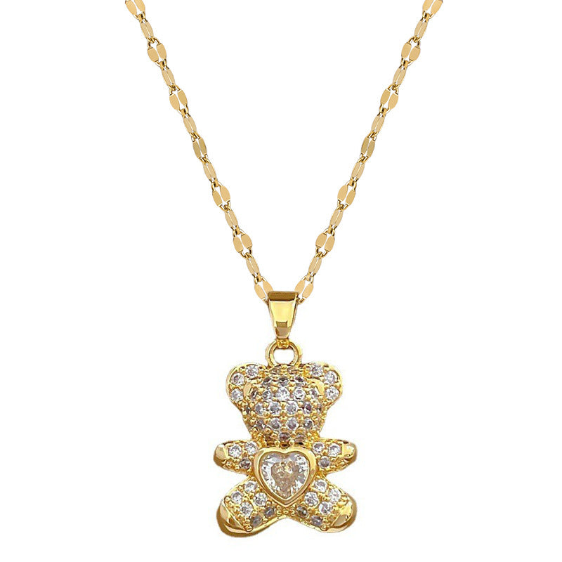 Luxury Titanium Steel Geometric Bear Pendant Necklace for Women with Rhinestone Inlay, Adjustable 21-50 cm Stainless Steel Chain, Dainty Clavicle Jewelry