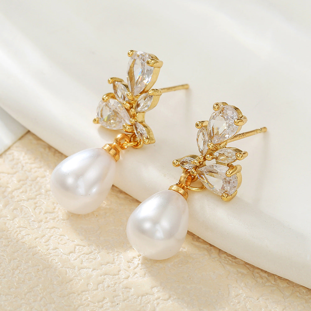 Geometric Round Brass Gold Plated Cubic Zirconia Pearl Drop Earrings for Women