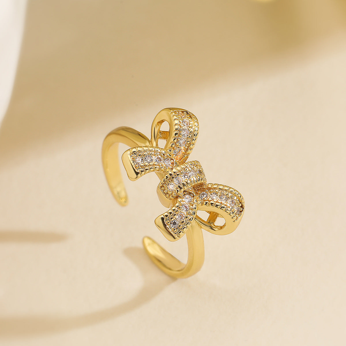 Minimalist Bowknot-Shaped Open Ring for Women Made of Copper with Micro-Pave Zirconia Accents