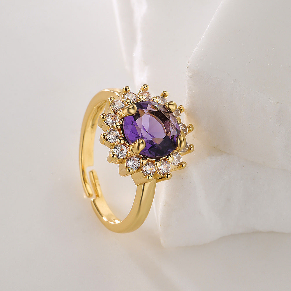Anello aperto da donna minimalista geometrico floreale in ottone con placcatura in oro 18 carati e intarsio di zirconi
