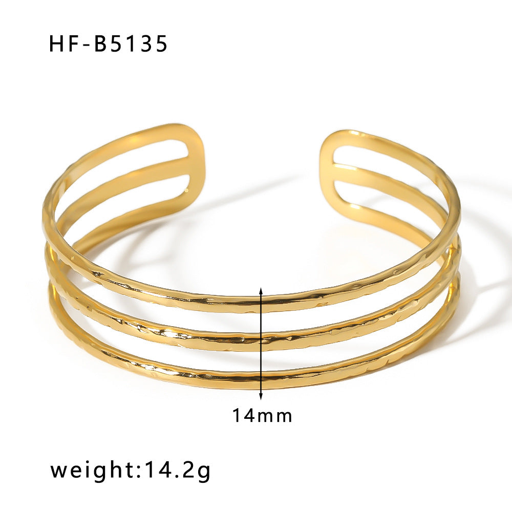 Adjustable Open Bangle Bracelet for Women in Stainless Steel with 18K Gold Plating, Hollow-Out Design, Textured Chain and Irregular Woven Pattern