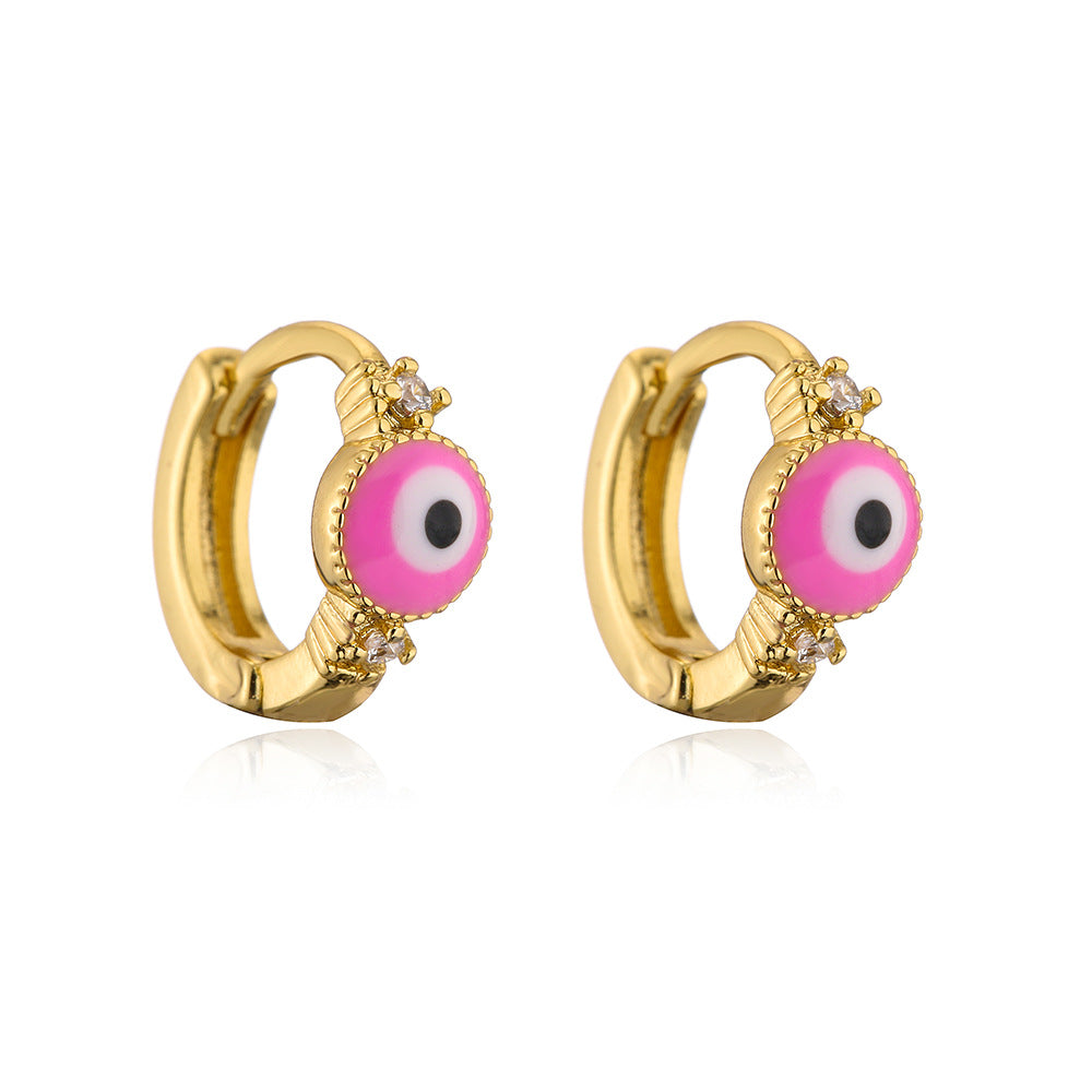 Minimalist Geometric Copper Earrings with 18K Gold Plating and Enamel Evil Eye Design for Women