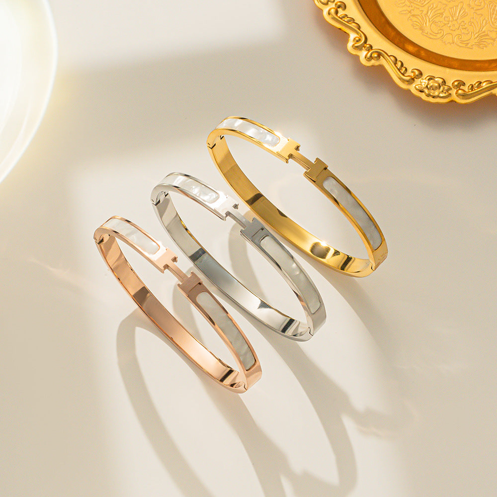 Minimalist H-Shaped Titanium Steel Bracelet for Women with Inlay Detailing, Fashionable and Trendy Hand Jewelry