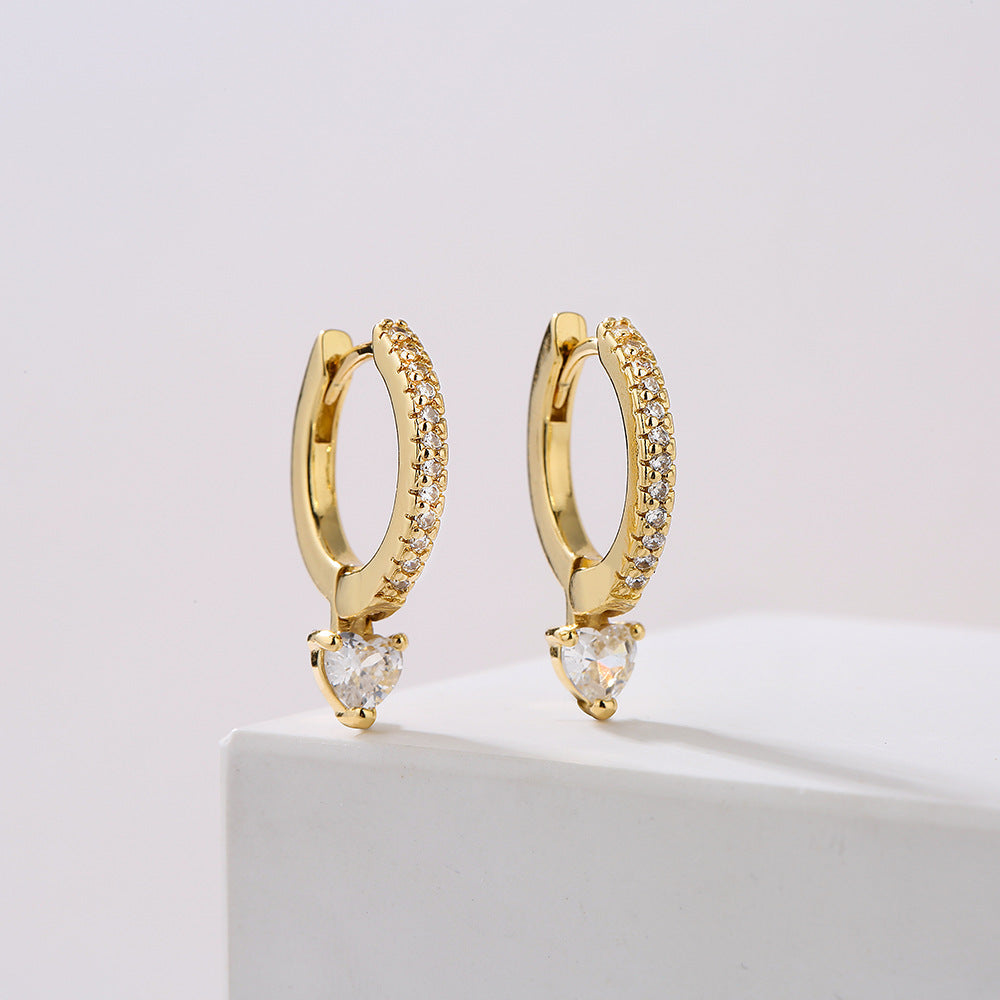 Geometric Heart-Shaped Copper Earrings with 18K Gold Plating and Zircon Inlay for Women
