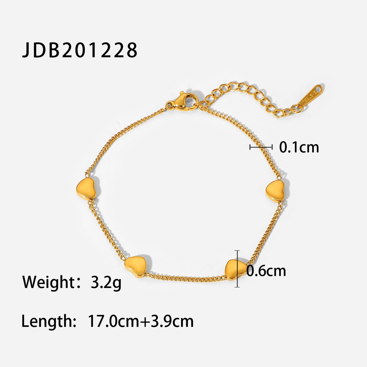Bracciale sottile geometrico in acciaio inossidabile placcato oro 18 carati da donna con quattro ciondoli a cuore, gioiello di moda per souvenir di viaggio