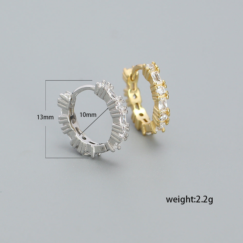 Minimalist Geometric S925 Sterling Silver Hoop Earrings with Rhinestone Inlay for Women and Men