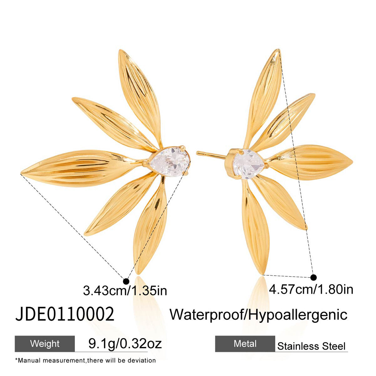 Aretes de lujo geométricos de hoja, chapados en oro de 18 quilates, de acero inoxidable con circonita para mujer