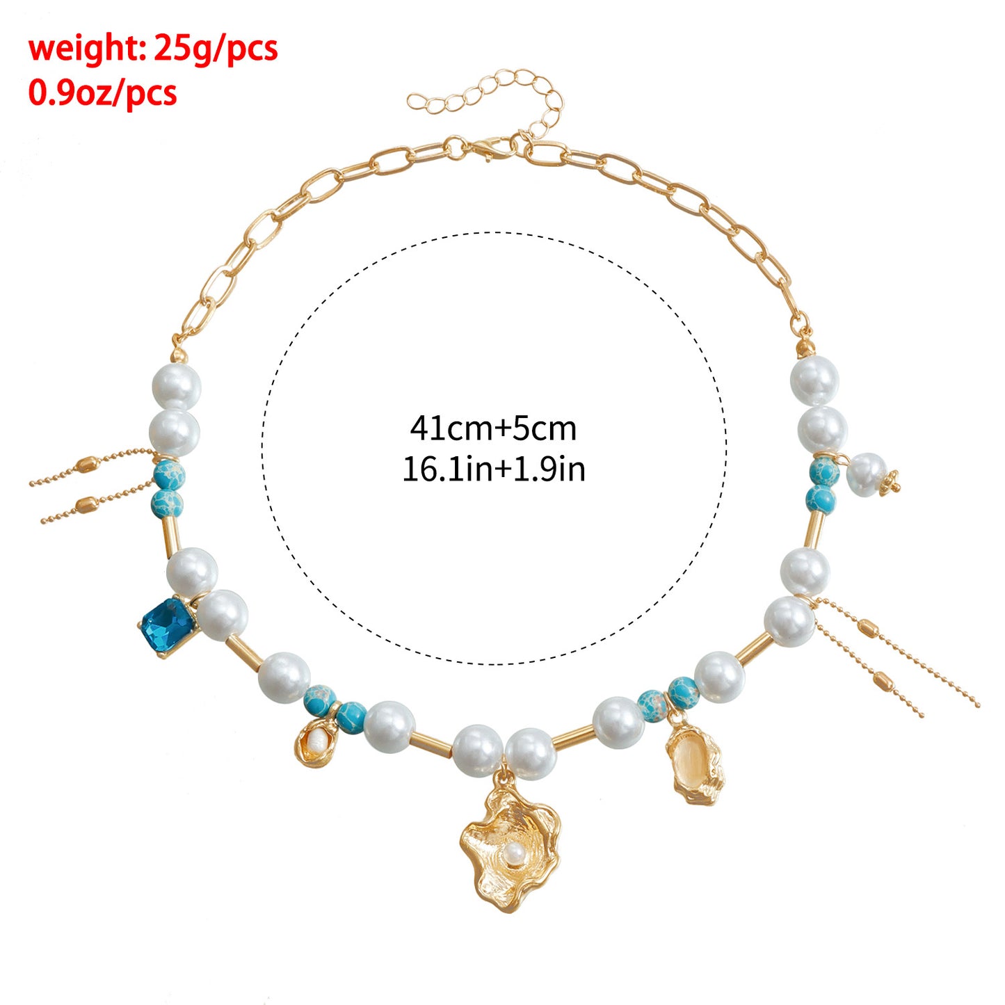 Fashion Casual Shell-Shaped Cat's Eye and Imitation Pearl Turquoise Pendant Necklace with Tassel Detail for Women