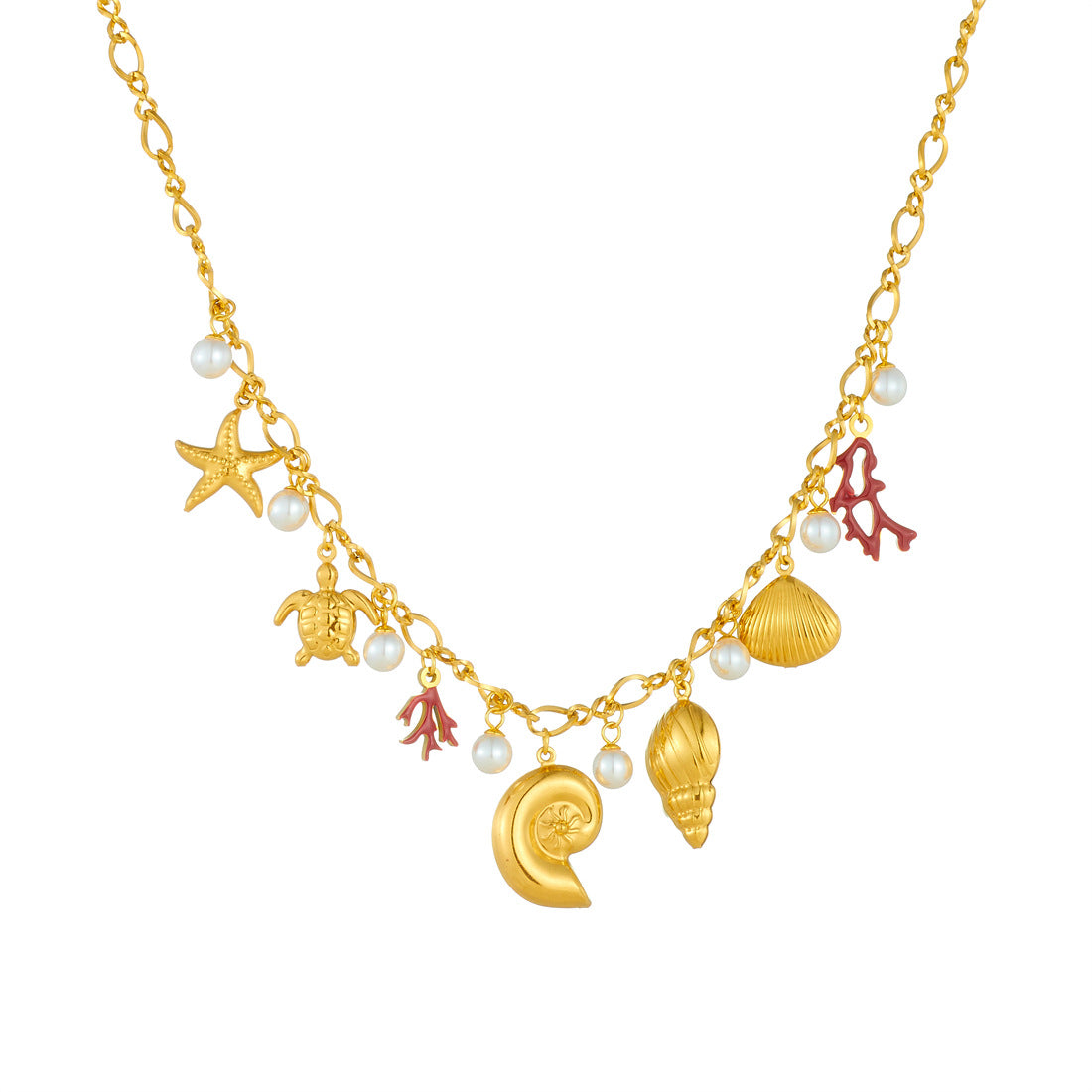 Gold Plated Drip Oil Starfish Shell Coral Pendant Stainless Steel Cable Chain Necklace for Women
