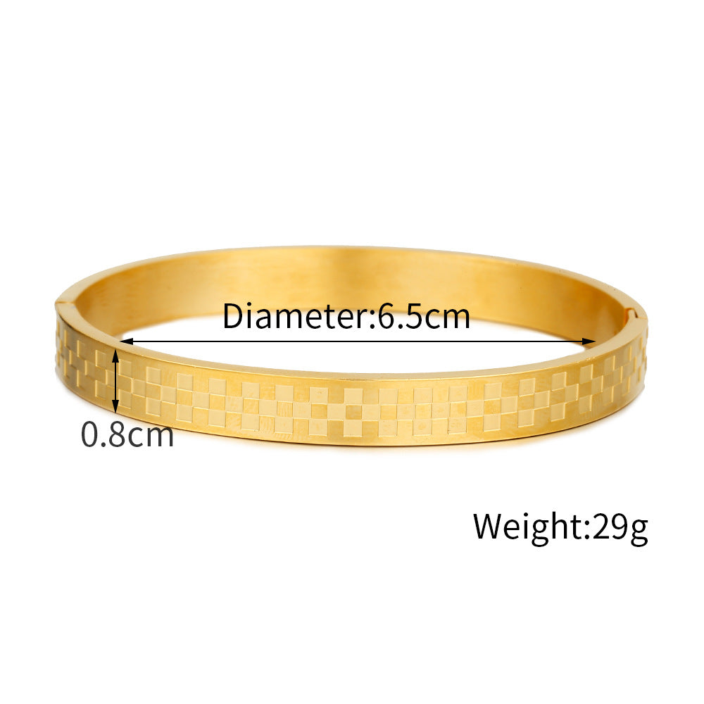 Vintage Geometric Checkered Matte Titanium Steel Open Cuff Bracelet for Men and Women