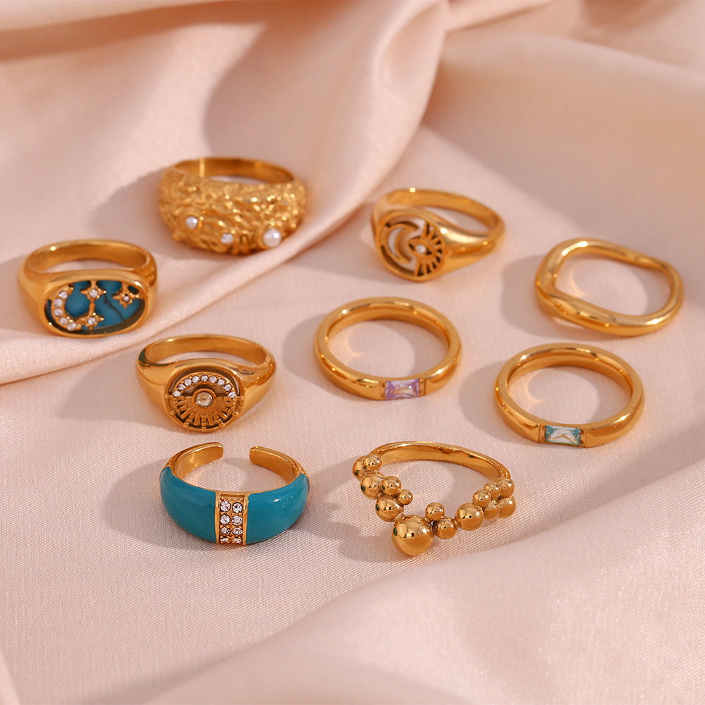 Vintage-Style Geometric Titanium Steel Ring Set for Women with 18K Gold Plating and Enamel Finish