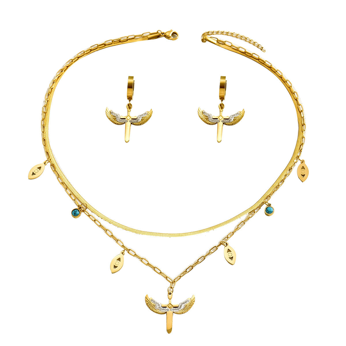 Collar minimalista de cobre con incrustaciones de turquesa en forma de ala para mujer con cadena de clavícula multicapa