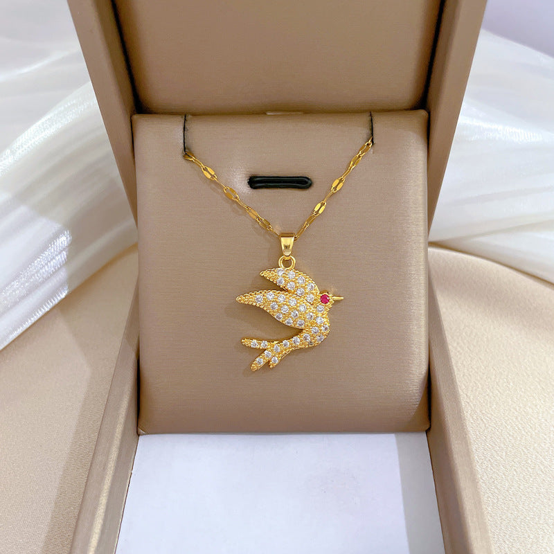 Four-Leaf Clover Rhinestone Pendant Necklace for Women Titanium Steel Irregular Chain Shell Locket Floral Style