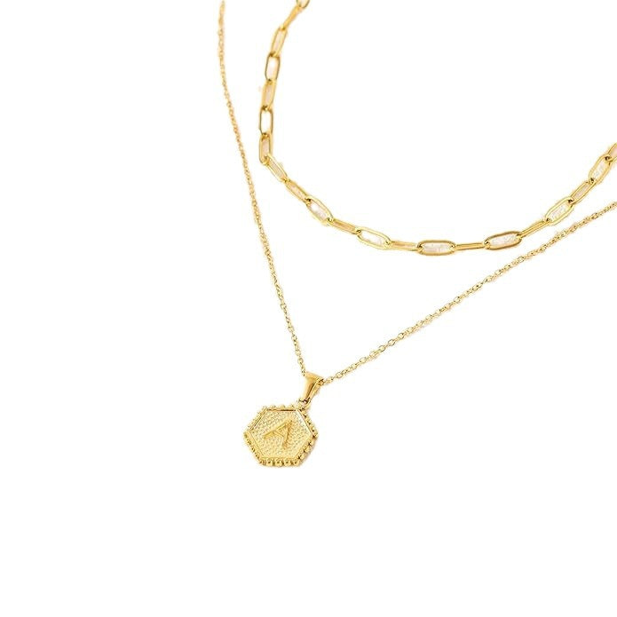 Vintage 18K Gold Plated Double Layer Paperclip Chain Necklace with Stainless Steel Heart and Hexagon Letter Pendant for Women