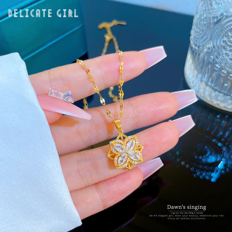 Rotating Floral Rhinestone Pendant Necklace Titanium Steel Geometric Luxury Sweet Necklace