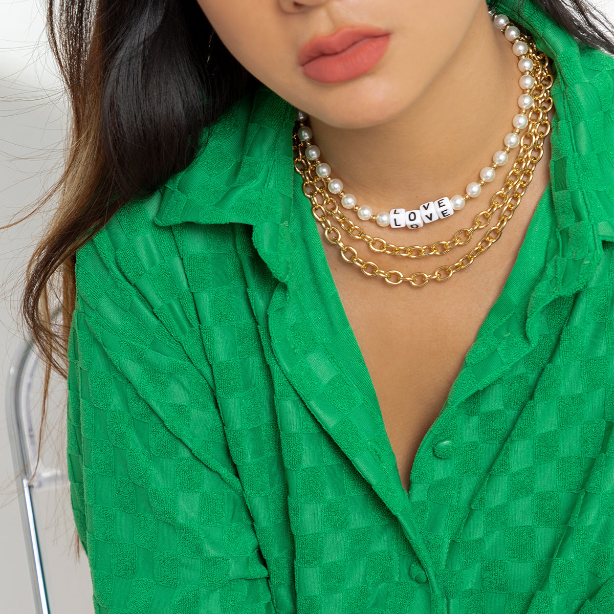 Streetwear Plated Alloy Letter Pendant Imitation Pearl Ball Chain Necklace for Women