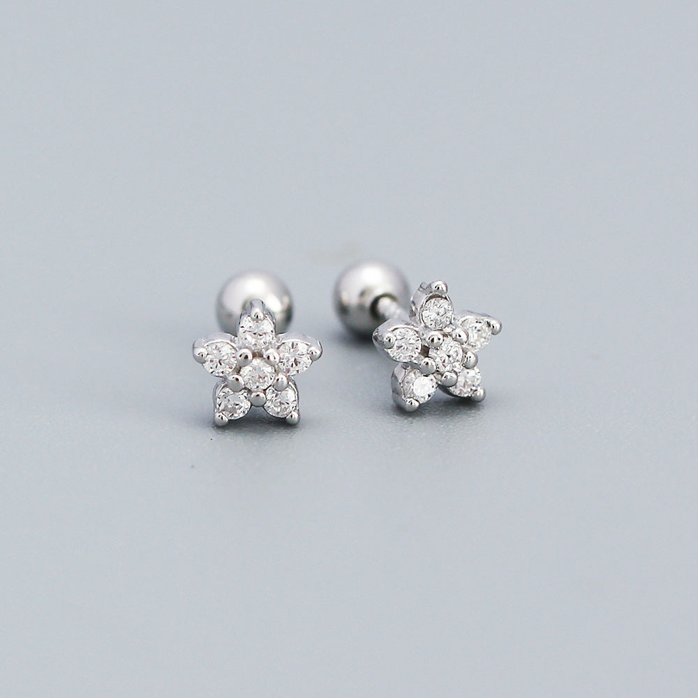 Pendientes de tuerca minimalistas de plata con diseño floral y circonita para mujer, pendientes de plata de ley 925 tipo ear cuff y piercing para cartílago