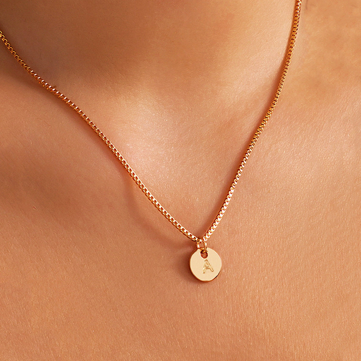 Minimalist Round Letter Pendant Zinc Alloy Plated Necklace Box Chain Women