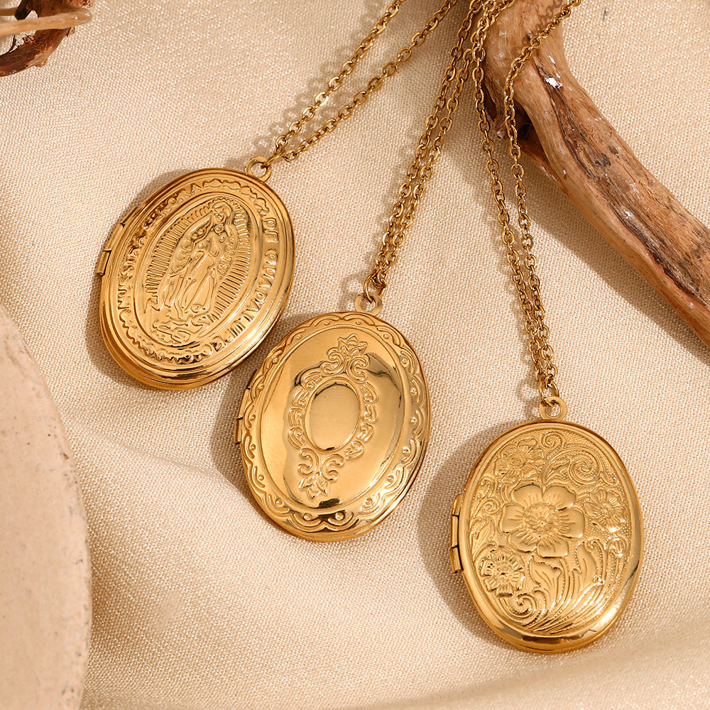 Fashionable Minimalist Geometric Daisy Pendant Necklace for Women Stainless Steel with 18K Gold Plating Double-Sided Mirror Locket
