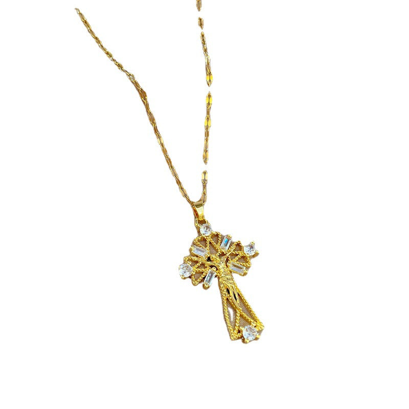 Collana con ciondolo a croce geometrica minimalista in acciaio al titanio con accento placcato oro micro-pavé per uomo e donna