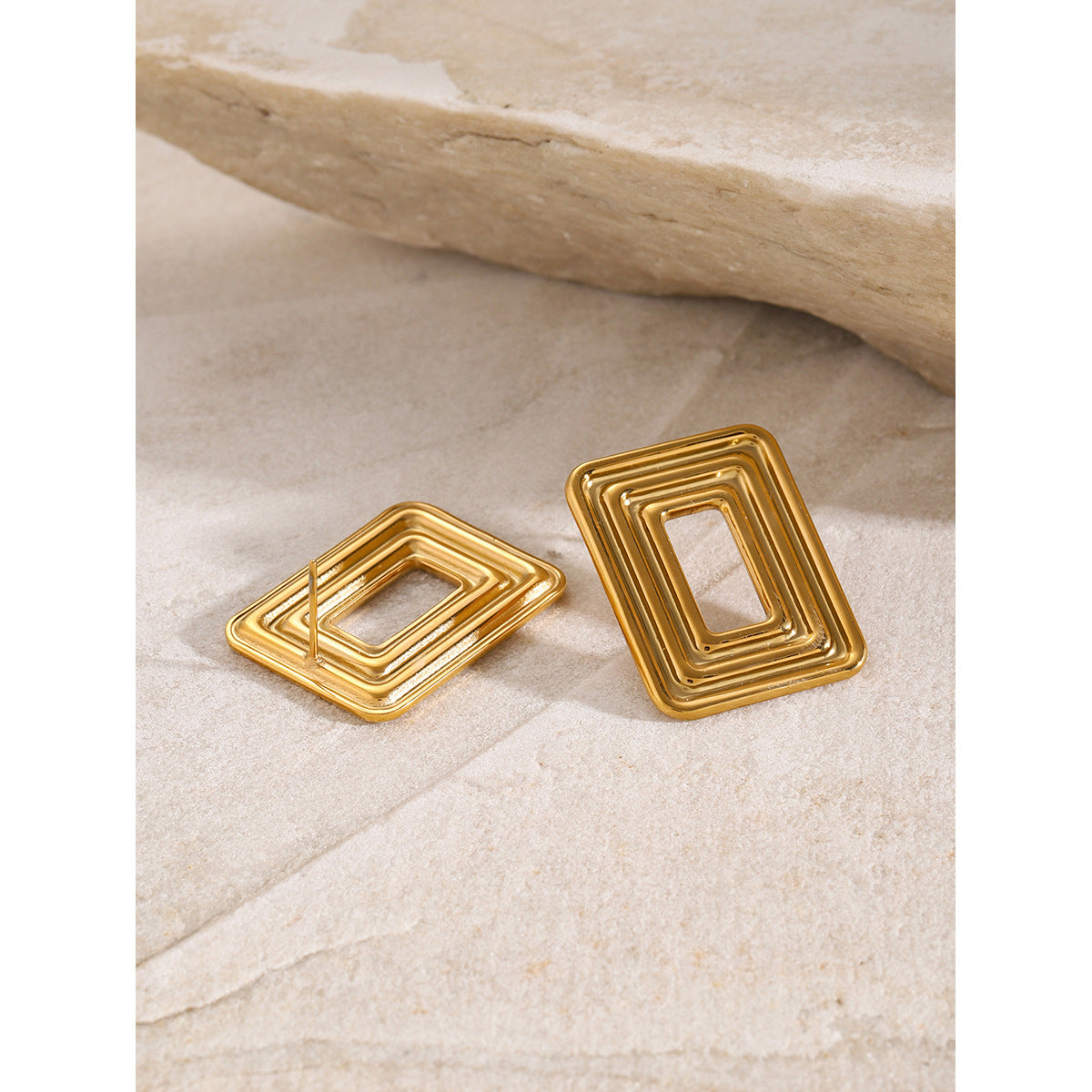 Minimalist Geometric 18K Gold Plated Stainless Steel Hollow Spiral Rectangle Earrings