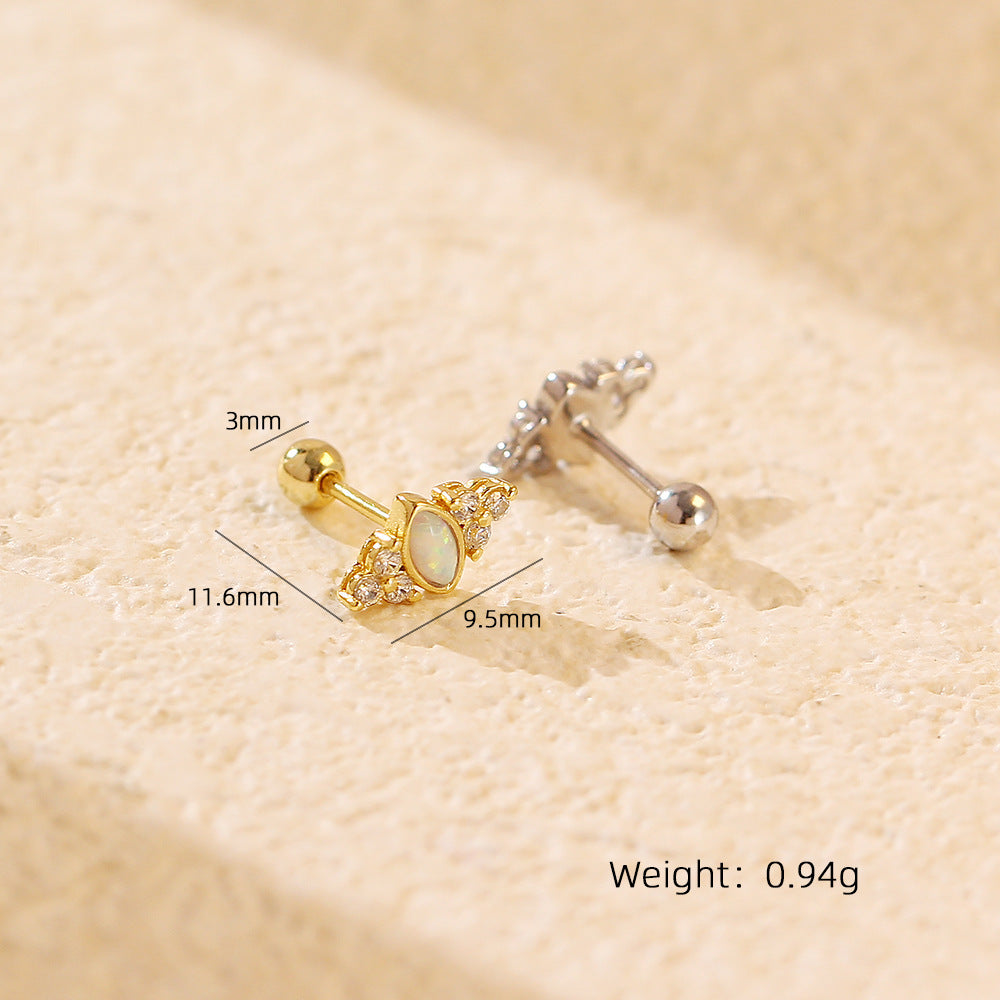 Elegant 925 Sterling Silver Geometric Round Opal Cubic Zirconia Plated Screw Back Ear Studs for Women