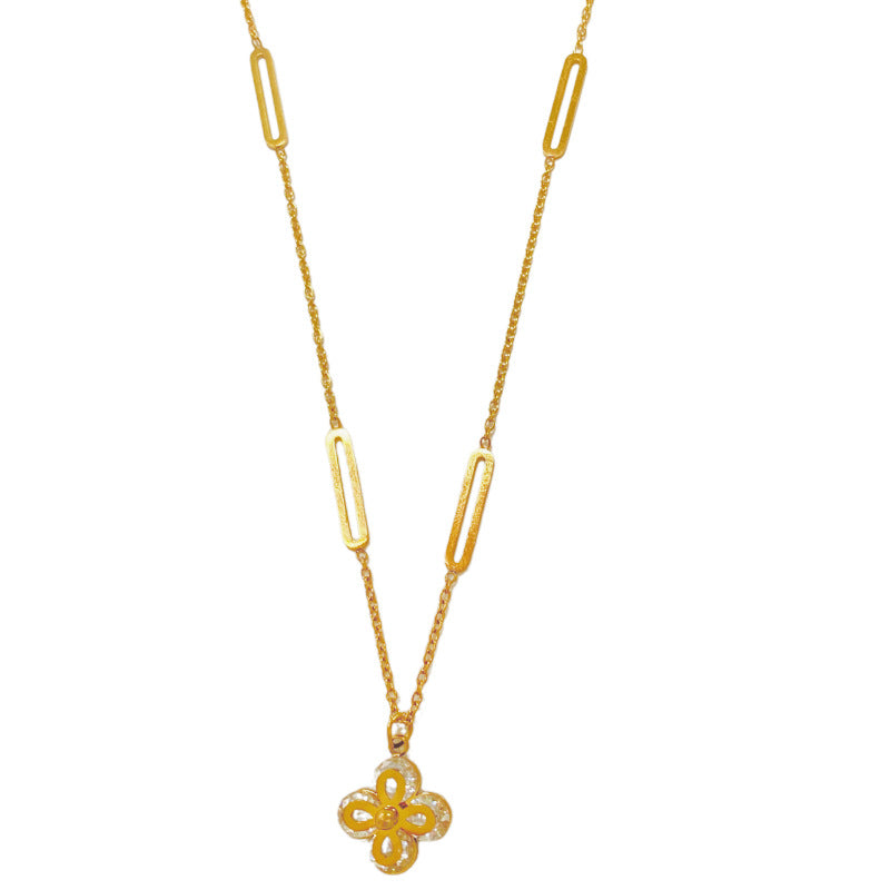 Layered Geometric Four-Leaf Clover Floral Titanium Steel Cubic Zirconia Necklace with Cable Chain