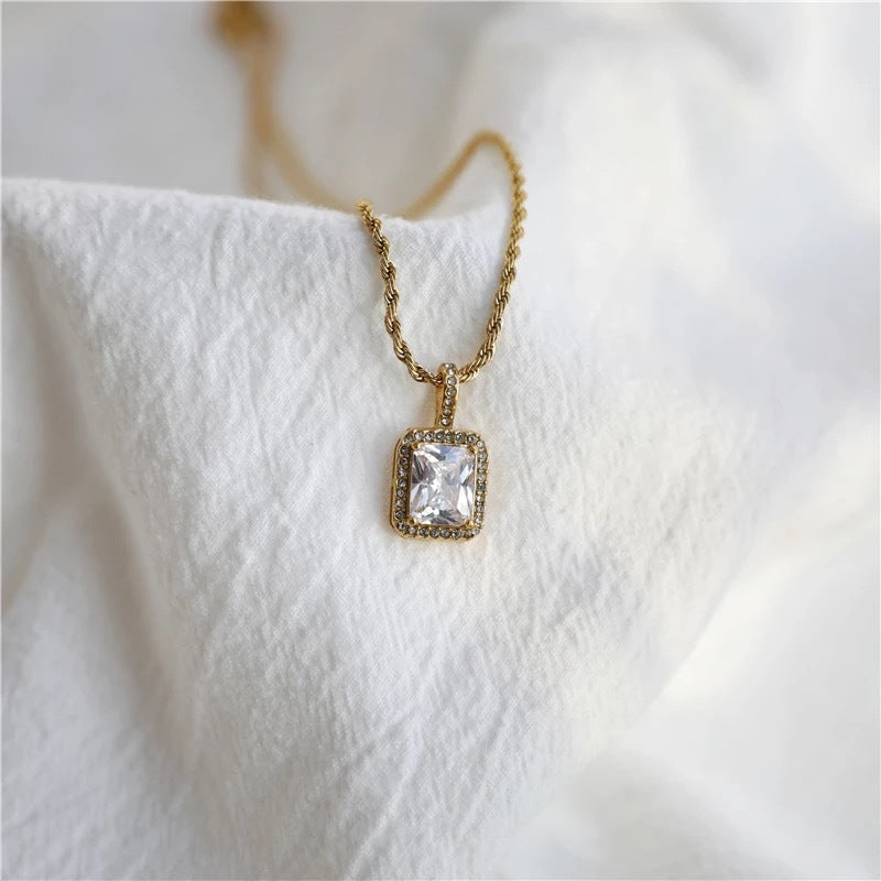 Minimalist Geometric Square Pendant Necklace in Titanium Steel with Rhinestone Pave Setting and Plated Finish for Women