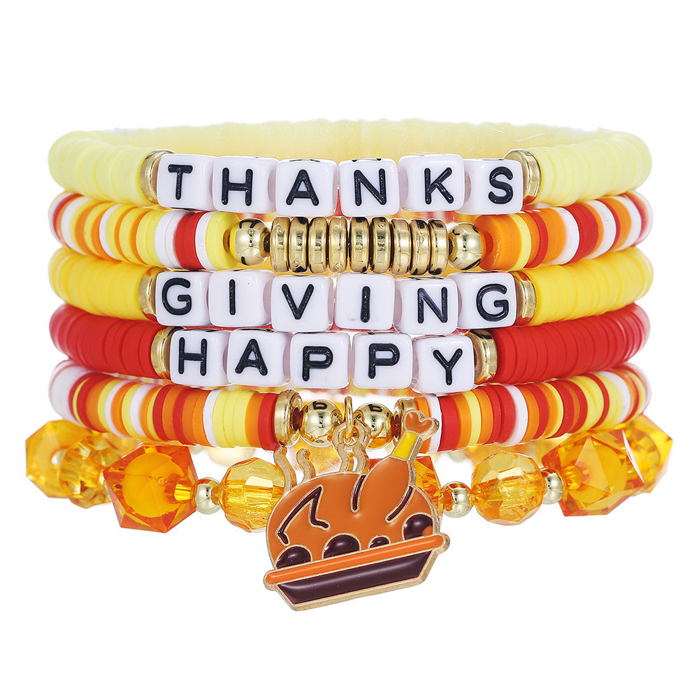 Geometric Resin Brass Acrylic Bracelet Set with Turkey Maple Leaf Pumpkin Letter Charms