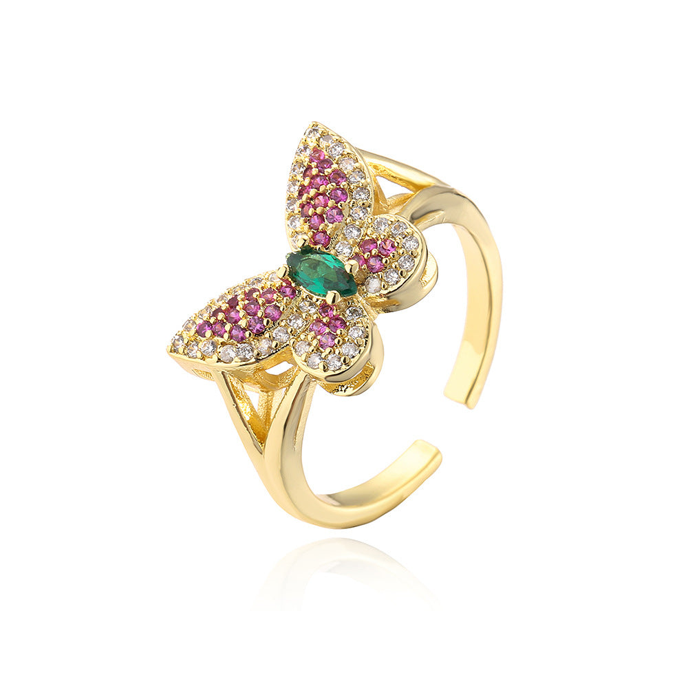 Butterfly-Shaped Geometric Open Ring for Women in Copper with 18K Gold Plating and Zircon Inlay