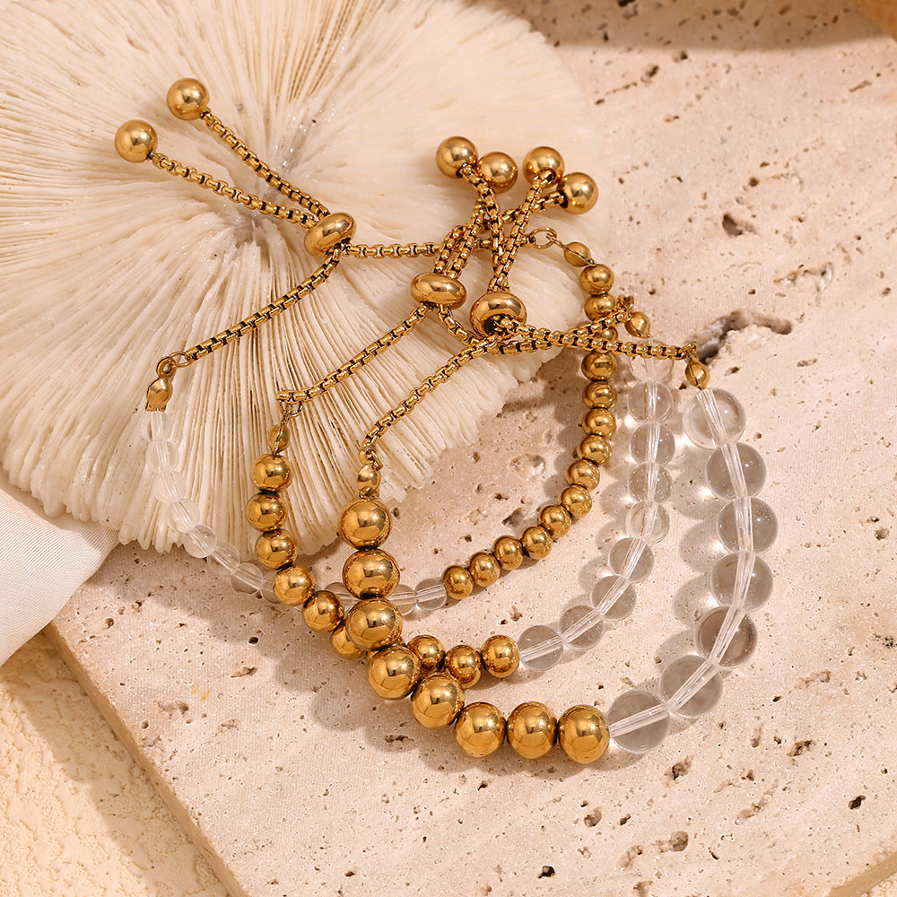 Vintage Geometric Stainless Steel Plated 18K Gold Acrylic Beaded Adjustable Drawstring Bracelet for Women