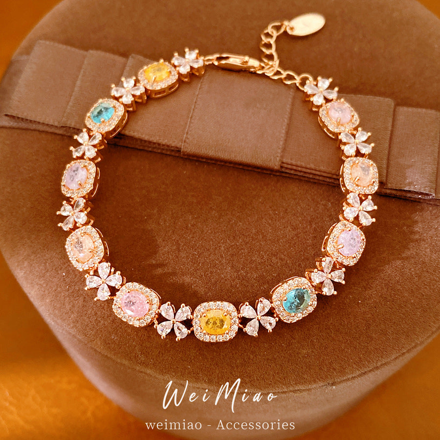 Luxury Elegant Square Floral Brass Bracelet with Cubic Zirconia Inlay for Women