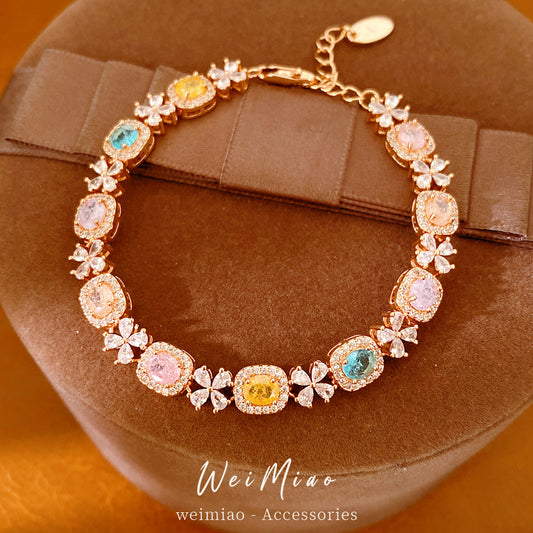 Luxury Elegant Square Floral Brass Bracelet with Cubic Zirconia Inlay for Women