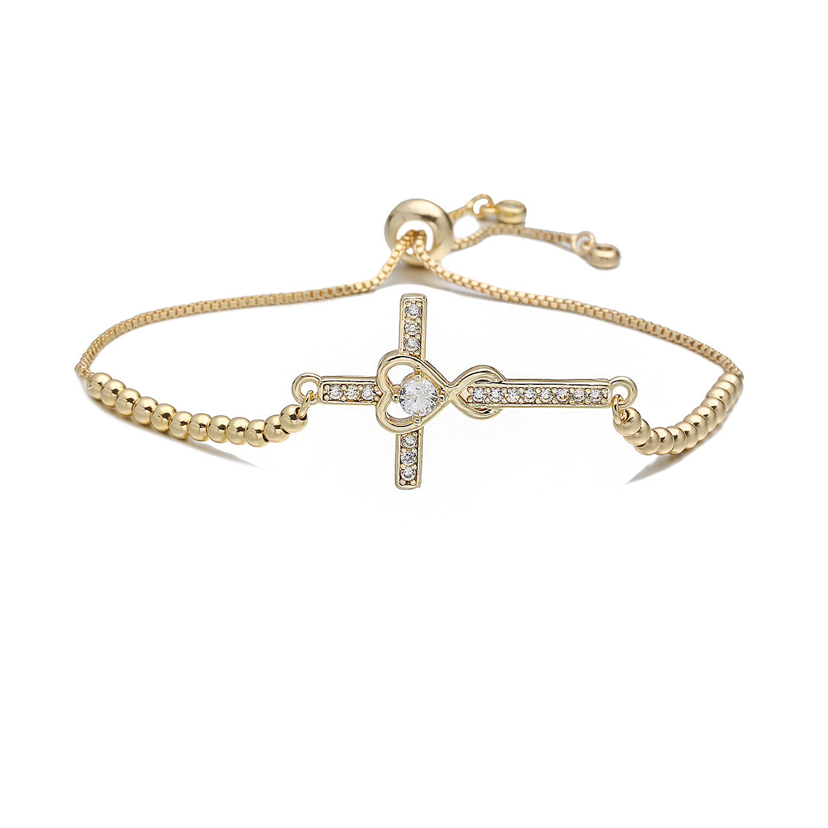 Gold Plated Brass Cross Bracelet with Cubic Zirconia for Women