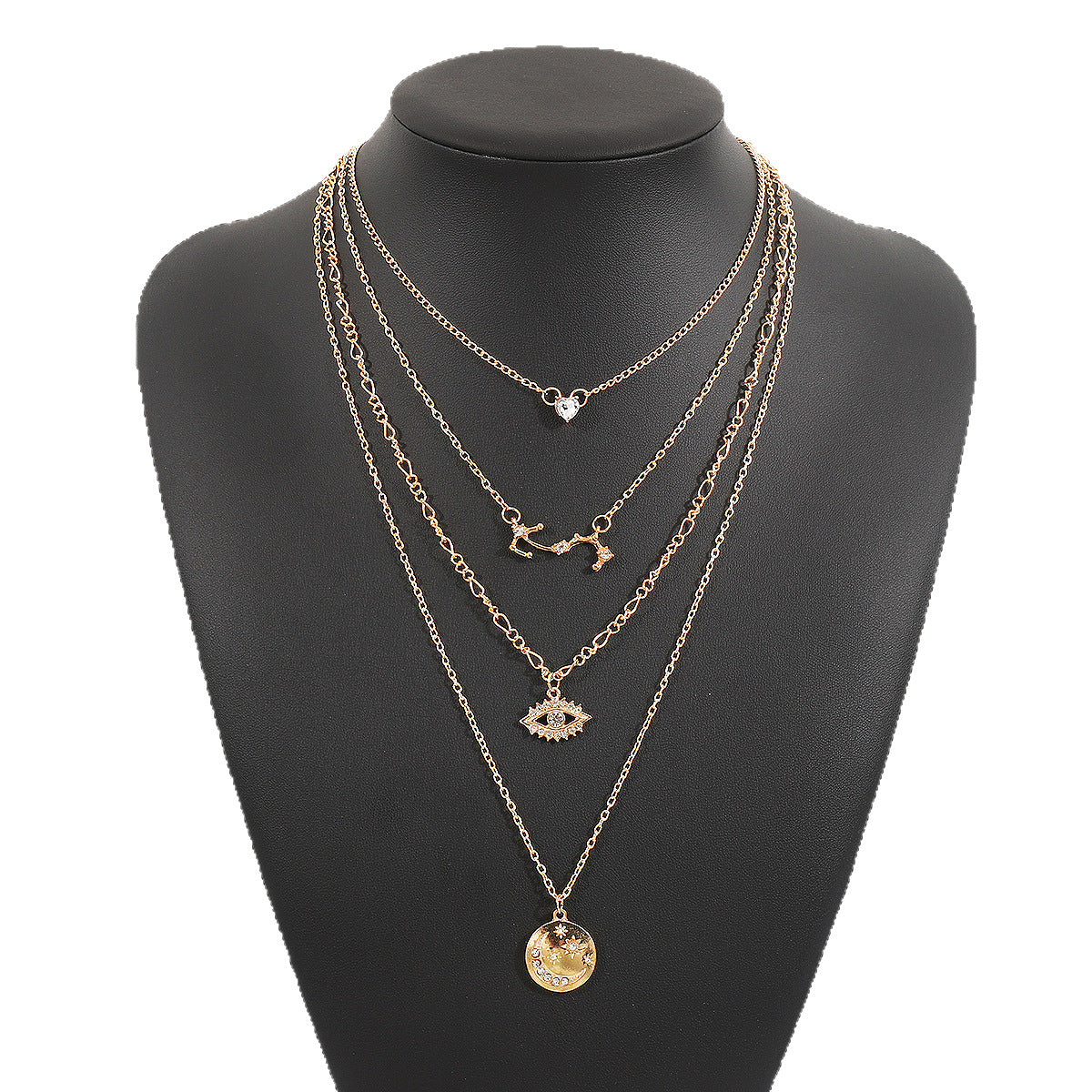 Collana Stratificata Geometrica Vintage da Donna con Pendente a Luna e Occhio, in Lega Elettroplaccata, Intarsi in Strass, Dettagli a Cuore