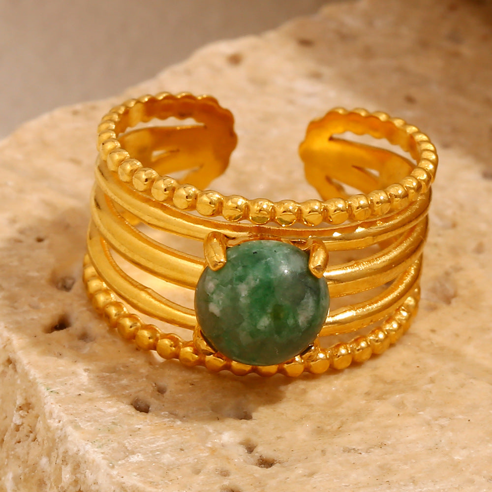 Vintage Style Geometric Stainless Steel Ring with 18K Gold Plating and Jade Stone Accent for Women