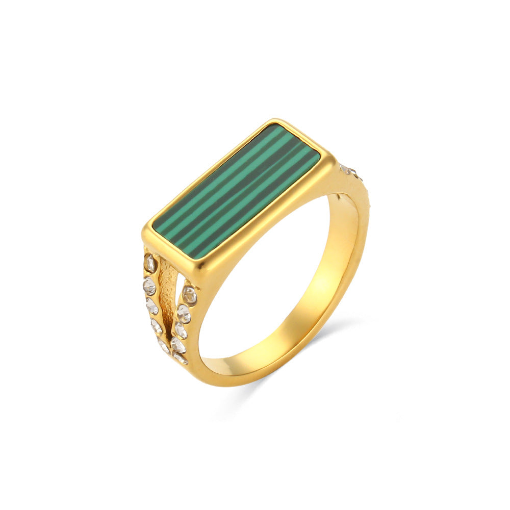 Vintage-Inspired Geometric Stainless Steel Ring with Side Rhinestone Accents for Women