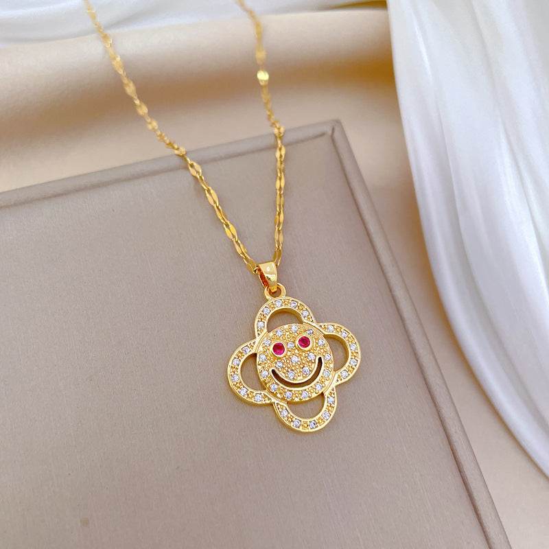 Collana con ciondolo a sorriso floreale minimalista per uomo e donna, catena a serpente in acciaio inossidabile con design geometrico e motivo a luna