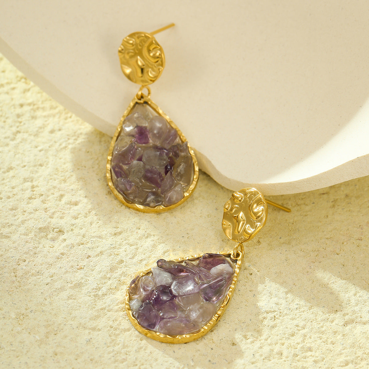 Vintage Minimalist Stainless Steel Waterdrop Pendant Earrings with Natural Stone Inlay for Women